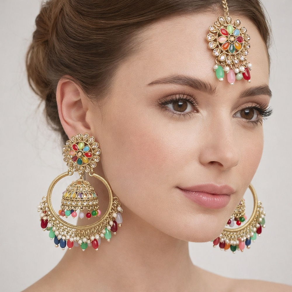 Gold Tone Multicolor Polki Jhumka Earrings Maang Tikka Set - Picture 8 of 12